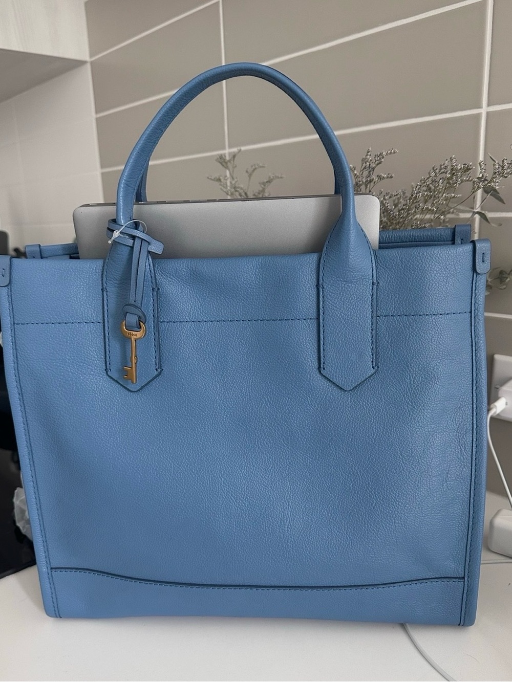Fossil Blue Leather Tote Bag